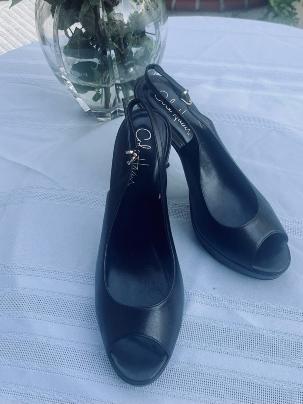 Cole Haan Black Leather Peep-Toe Slingback Wedge Heels